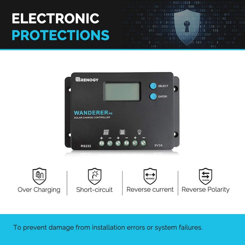 Renogy منظم شحن شمسي رينوجي 10A 12V/24V PWM بتصميم مدمج مع شاشة LCD لبطاريات الدورة العميقة المغلقة، الجل، والمغمورة، وندرر PG 10A، أسود - Image 5